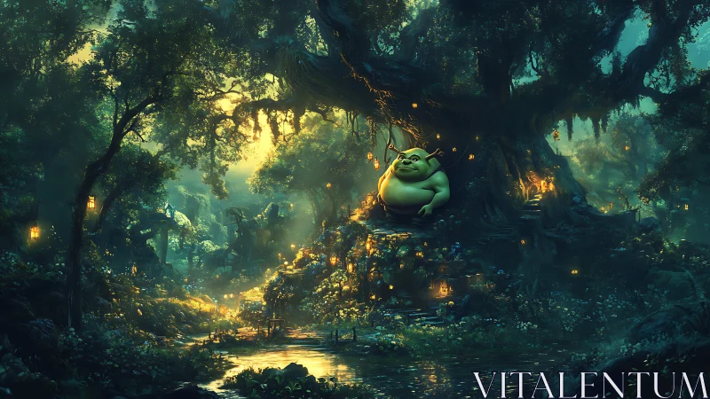 Bioluminescent forest shrine with stylized ogre under volumetric light