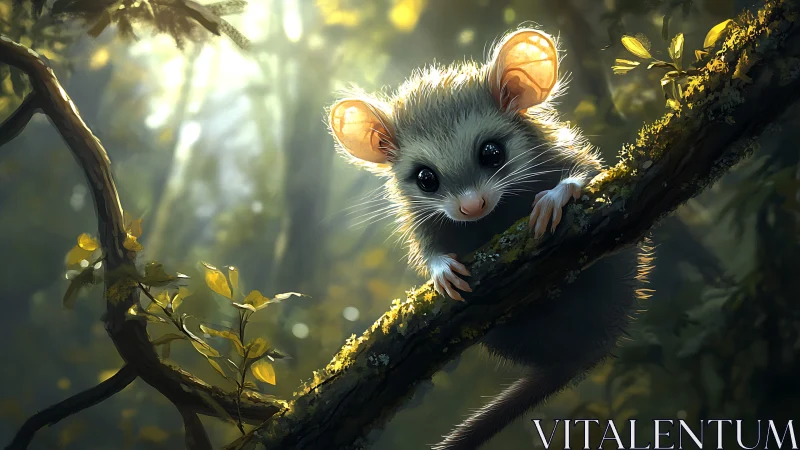 Curious forest mouse illuminated on mossy branch at dawn.