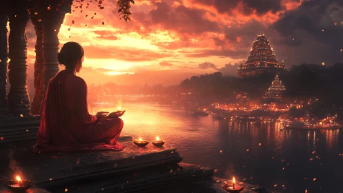 Meditating woman overlooks river temples under blazing sunset