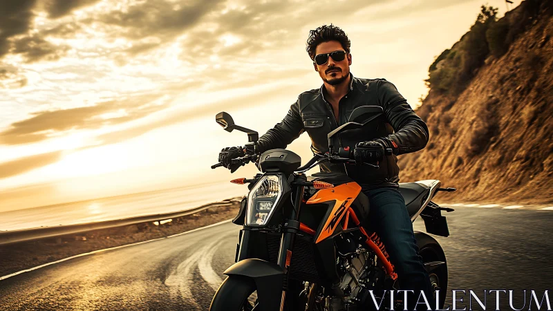 Sunlit coastal highway rider on orange sport motorcycle.