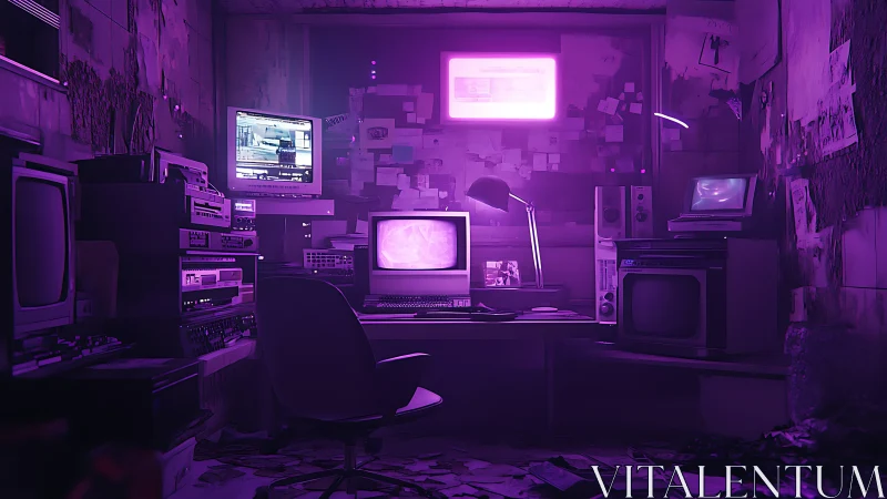 Neon-drenched retro command center with stacked CRT systems.