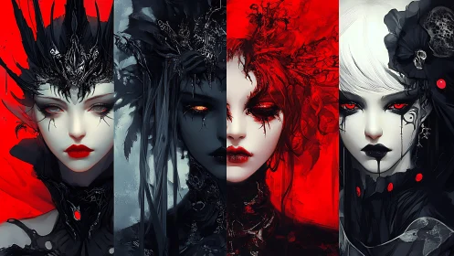 Four-panel digital portraits of stylized gothic women.