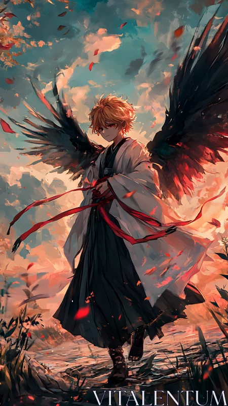 Winged anime figure walks through sunset field with ribbons