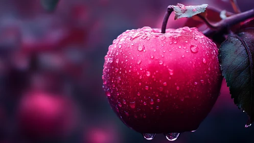 Rain-kissed crimson apple glowing in dreamy dusk orchard.
