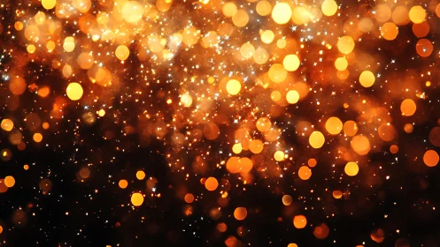 Glowing amber bokeh and glittering stars in dark space.