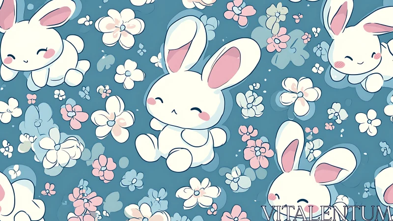 Cute white cartoon bunnies rest among pastel spring flowers
