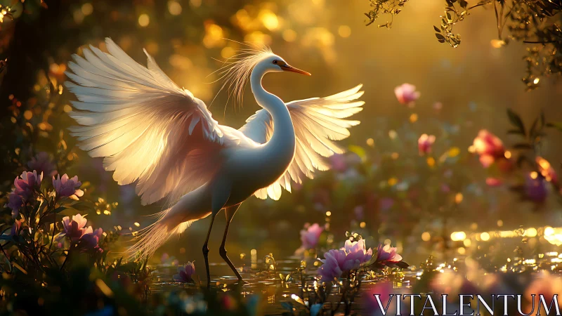 Egret with outstretched wings in warm floral wetland light.