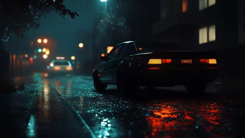 Night street scene shows parked car in rain with wet roadway