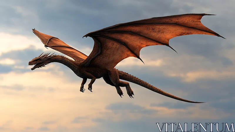 Skyborne ember dragon glides through twilight clouds.