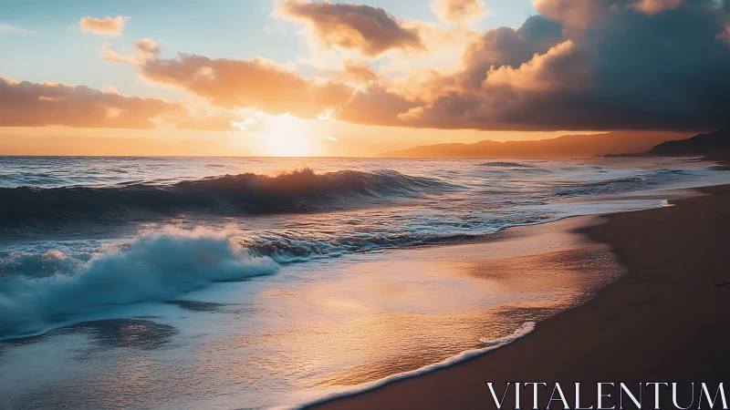 Coastal breakers under golden sunset with dramatic storm clouds.