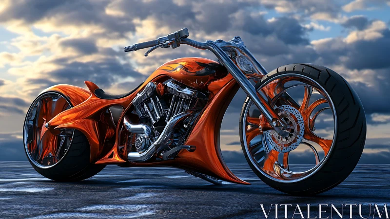 Futuristic orange custom chopper rendered in hyperreal detail