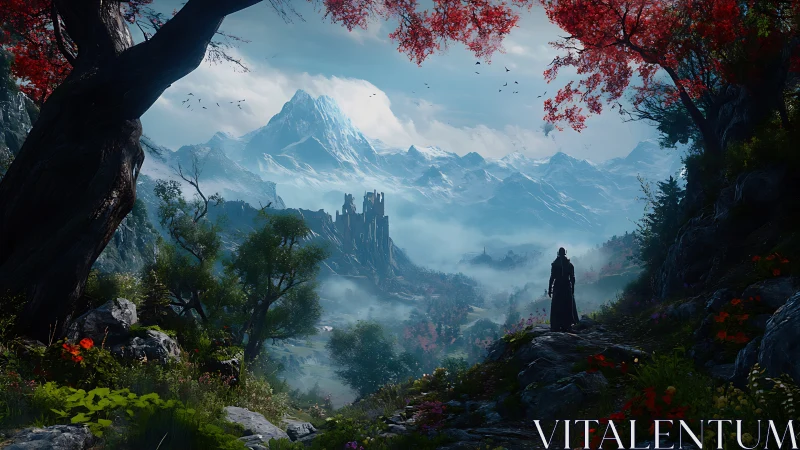 Lone wanderer overlooks misty valley and distant citadel