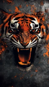 Roaring tiger portrait with explosive splatter texture.