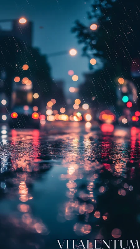 Rainy city street with blurred lights and wet reflections.