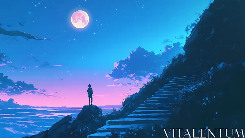 Silhouetted child watches full moon above coastal cliff stairs