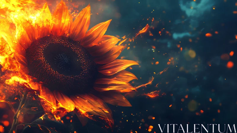 Fiery sunflower glowing warmly against a deep night sky.