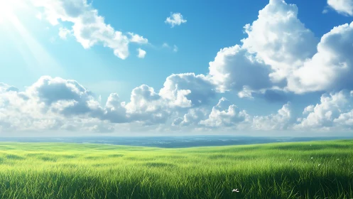 Sunlit grassland under towering cumulus cloudscape.