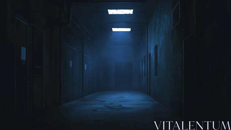 Dark blue industrial corridor with closed metal doors.