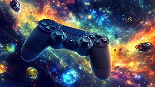 Gamepad drifting through chromatic nebular cosmoscape.