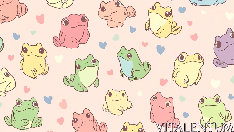 Cute pastel frog characters form seamless heart pattern