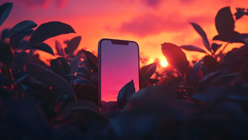 Smartphone upright among foliage at intense sunset sky.