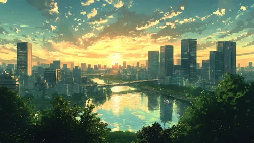 Sunset city skyline reflects across broad winding river