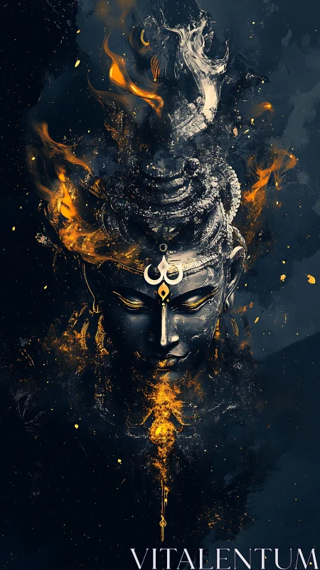 Serene deity portrait in dark space with gold flames.