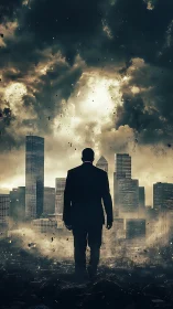 Stormy city skyline welcomes a lone figure into uncertain light