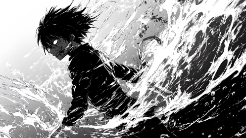 Dark haired anime boy stands in violent monochrome water.