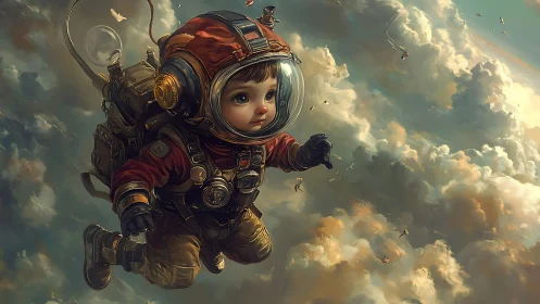 Child astronaut drifting above luminous storm clouds.