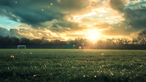 Low-angle soccer pitch sunrise with backlit dew and depth of field