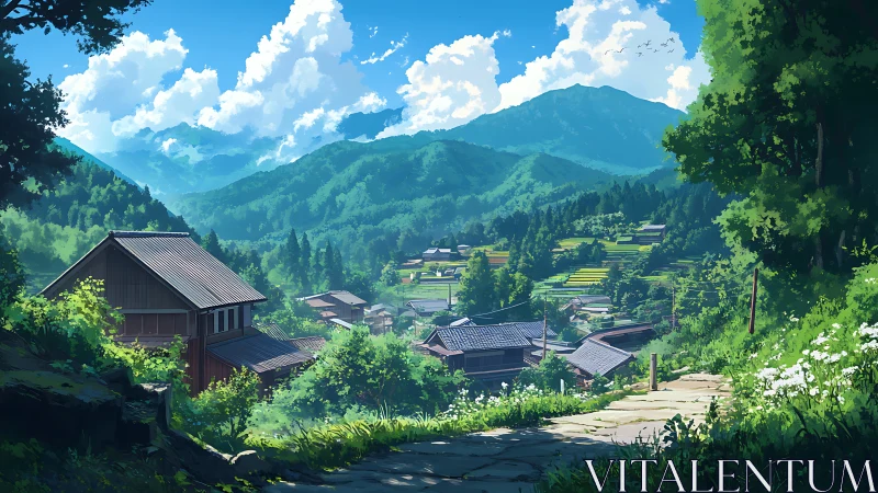 Sunlit mountain village dozes beneath drifting summer clouds