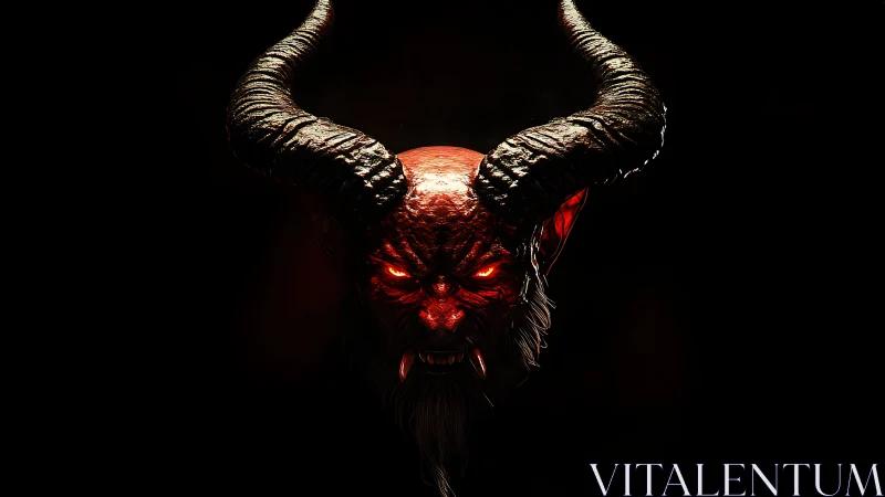 Horned demonic head rendered in red light on black field.