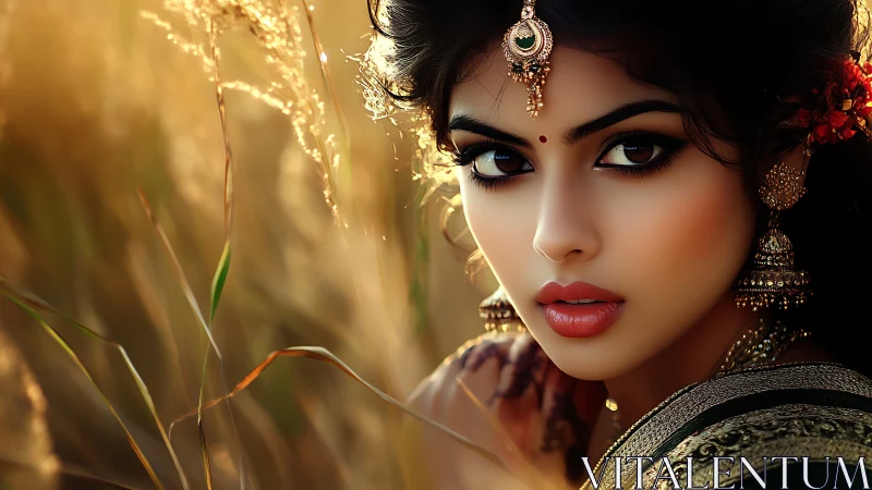 Golden hour portrait with soulful eyes and ornate jewels.