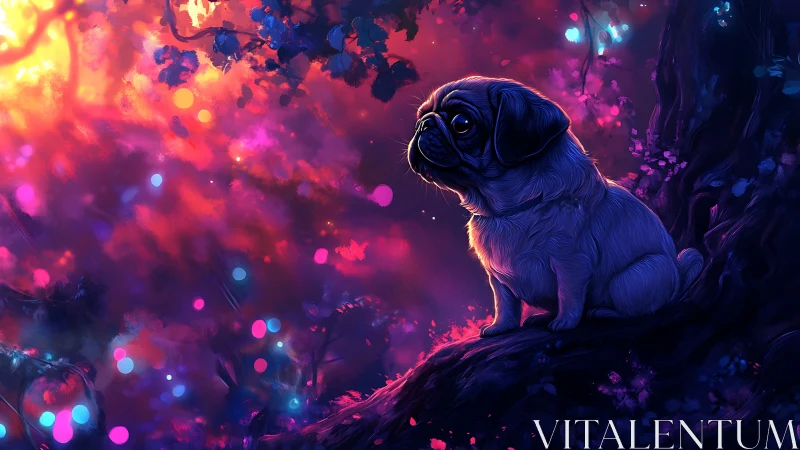 Pug on forest ledge under vivid neon colored twilight sky.