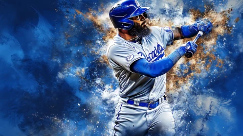 Powerful blue baseball batter swings amid painted blast.