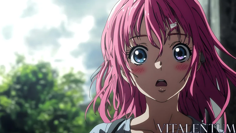Shocked pink haired anime girl with bandage outdoors