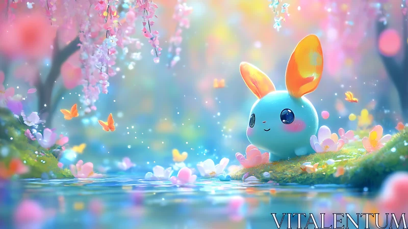 Pastel fantasy creature observes luminous butterflies by water