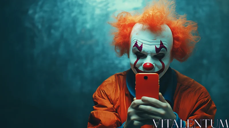 Playful clown snaps a cheeky selfie in bold orange.