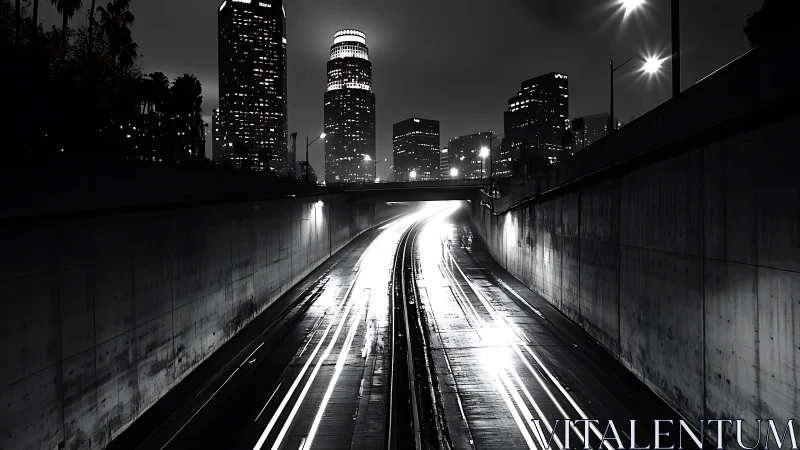 Long exposure freeway traffic cuts through city at night