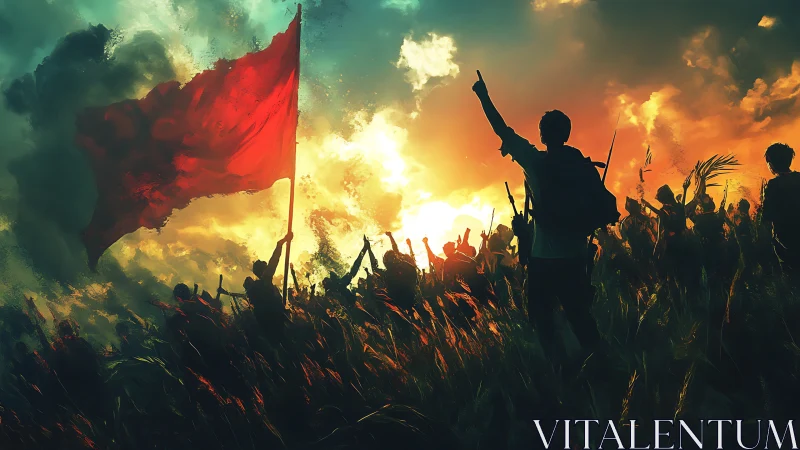 Rebel crowd advances beneath blazing sunrise sky.