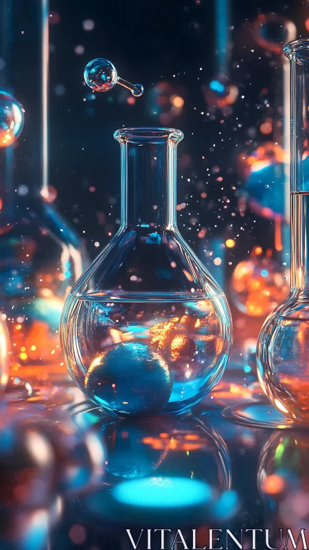 Luminous laboratory glassware amid neon quantum particles.