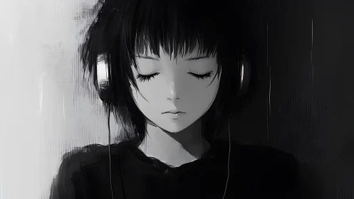 Monochrome portrait of headphones user with closed eyes.