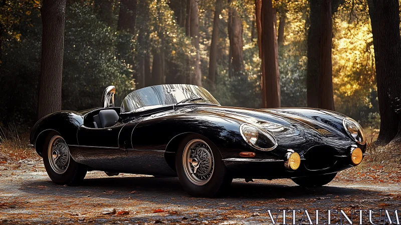 Classic black roadster parked in sunlit autumn forest.