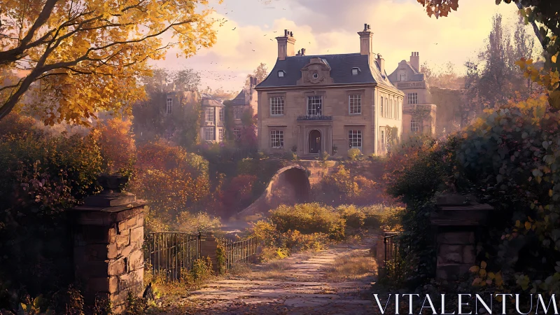 Autumnal French manor with axial path and atmospheric depth.