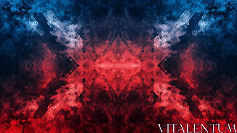 Symmetric red blue abstract painting with smoky energy.