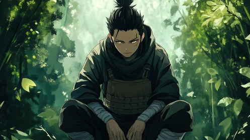 Forest rogue at rest in a glowing green sanctuary.