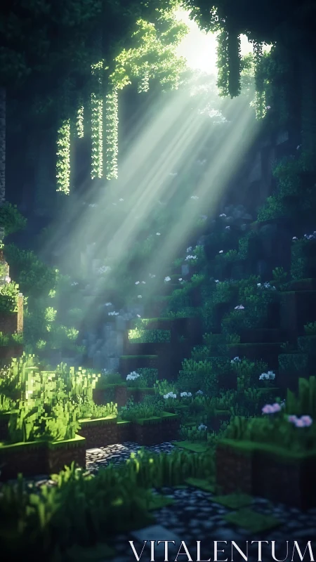 Voxel forest clearing shows volumetric light rays through canopy