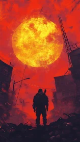 Lone survivor studies colossal burning sun over ruins