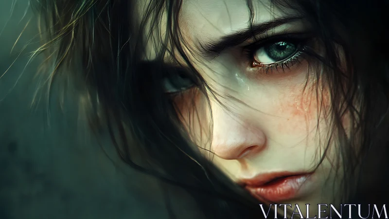 Stormlit eyes of sorrowed girl in haunting close portrait.